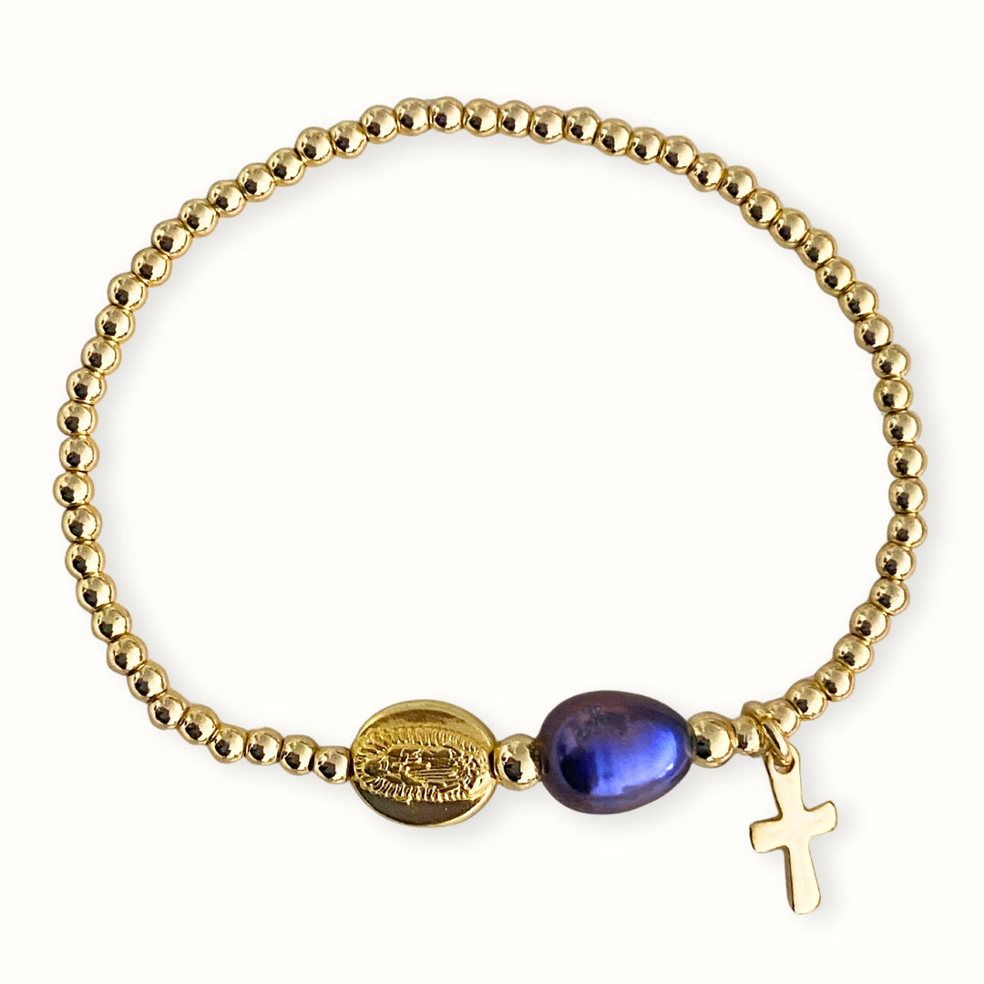 Brazalete religioso con cruz y Virgen de chapa de oro y perla de río