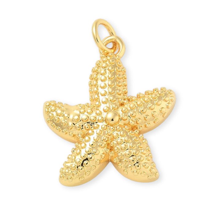 Dije de estrella de mar en chapa de oro con textura de puntos sobre fondo blanco