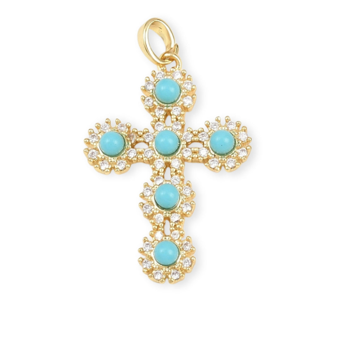 Dije de cruz de chapa de oro con zirconia y bolitas de resina