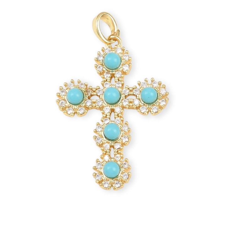 Dije de cruz de chapa de oro con zirconia y bolitas de resina