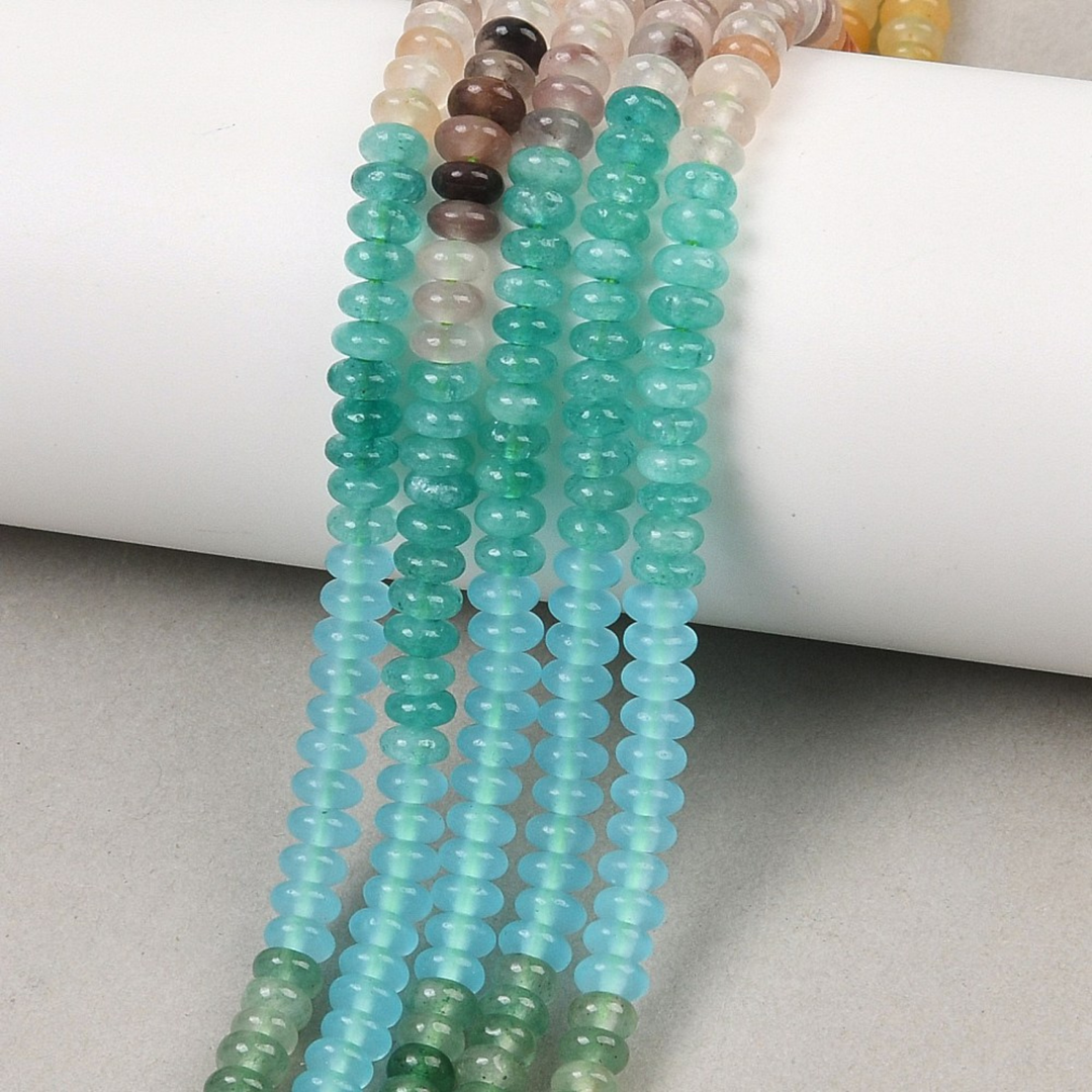 Tira de piedras naturales rondel de 4.5 mm con aventurina roja, jade blanco teñido, topaz jade, cuarzo y aventurina verde