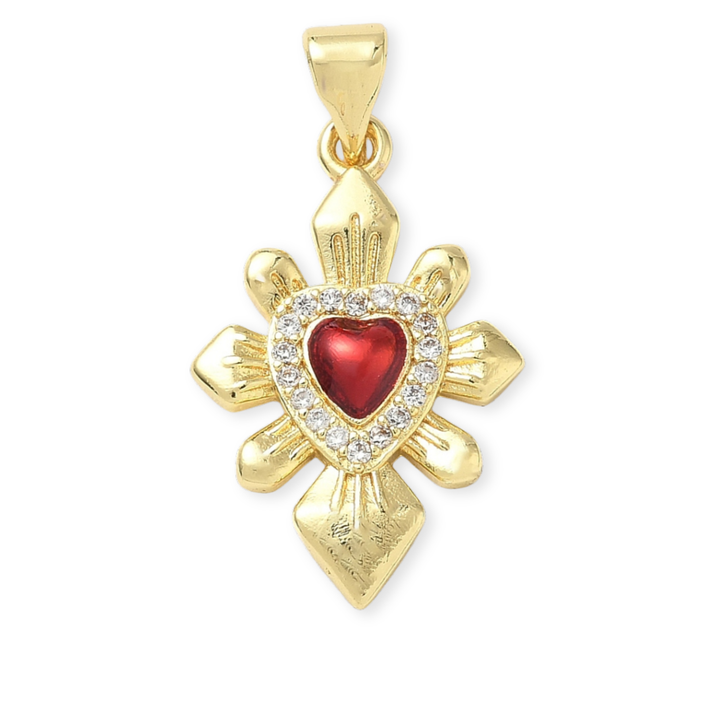 Dije de Sagrado Corazón de Jesús de chapa de oro con zirconia y esmalte