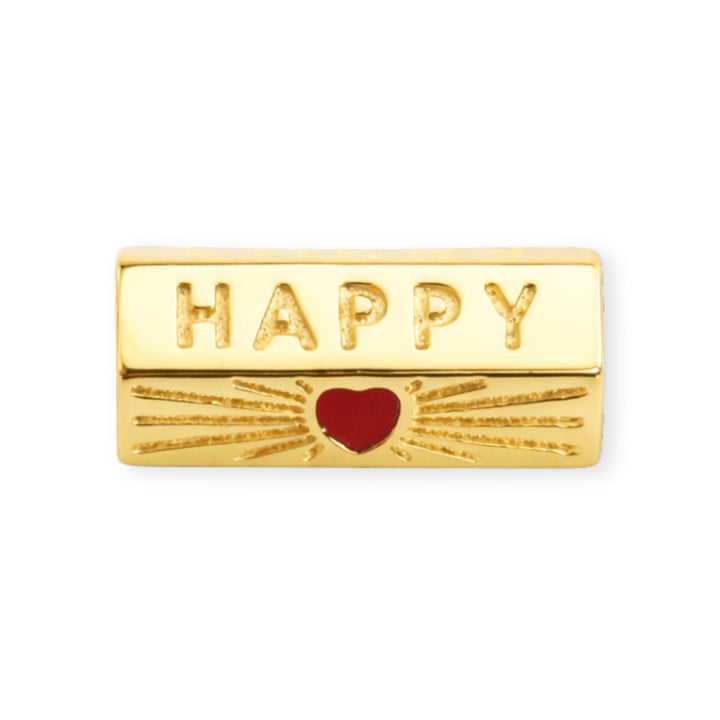Separador de chapa de oro con grabado "Happy", "Lucky" y corazón rojo esmaltado sobre fondo blanco