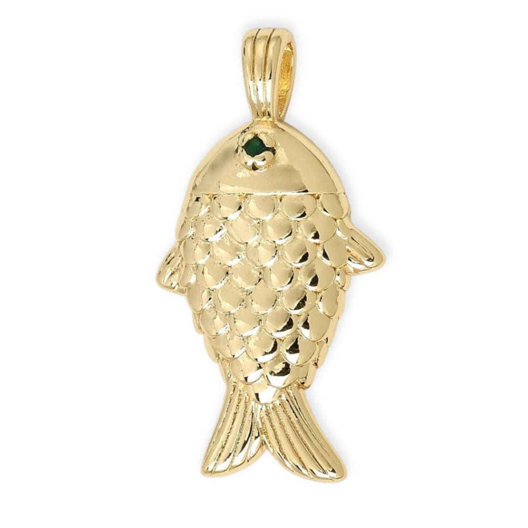 Dije de pez de chapa de oro y zirconia