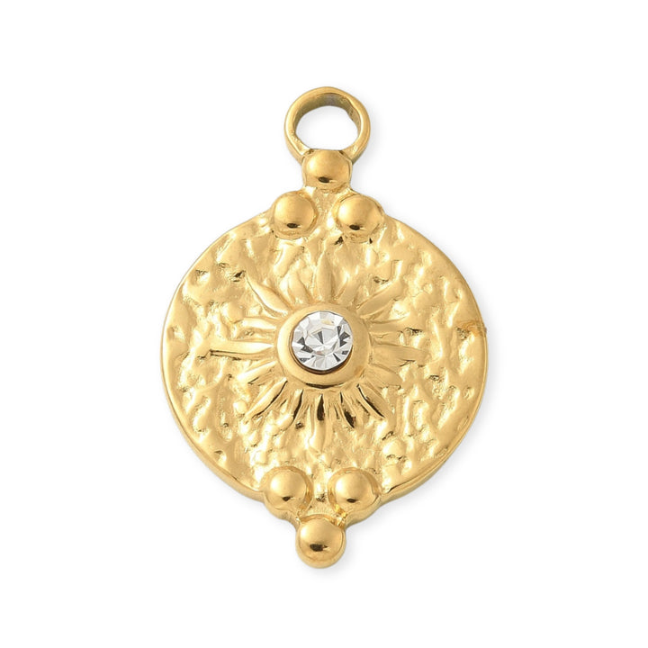 Dije circular en forma de sol de acero inoxidable con cristal al centro