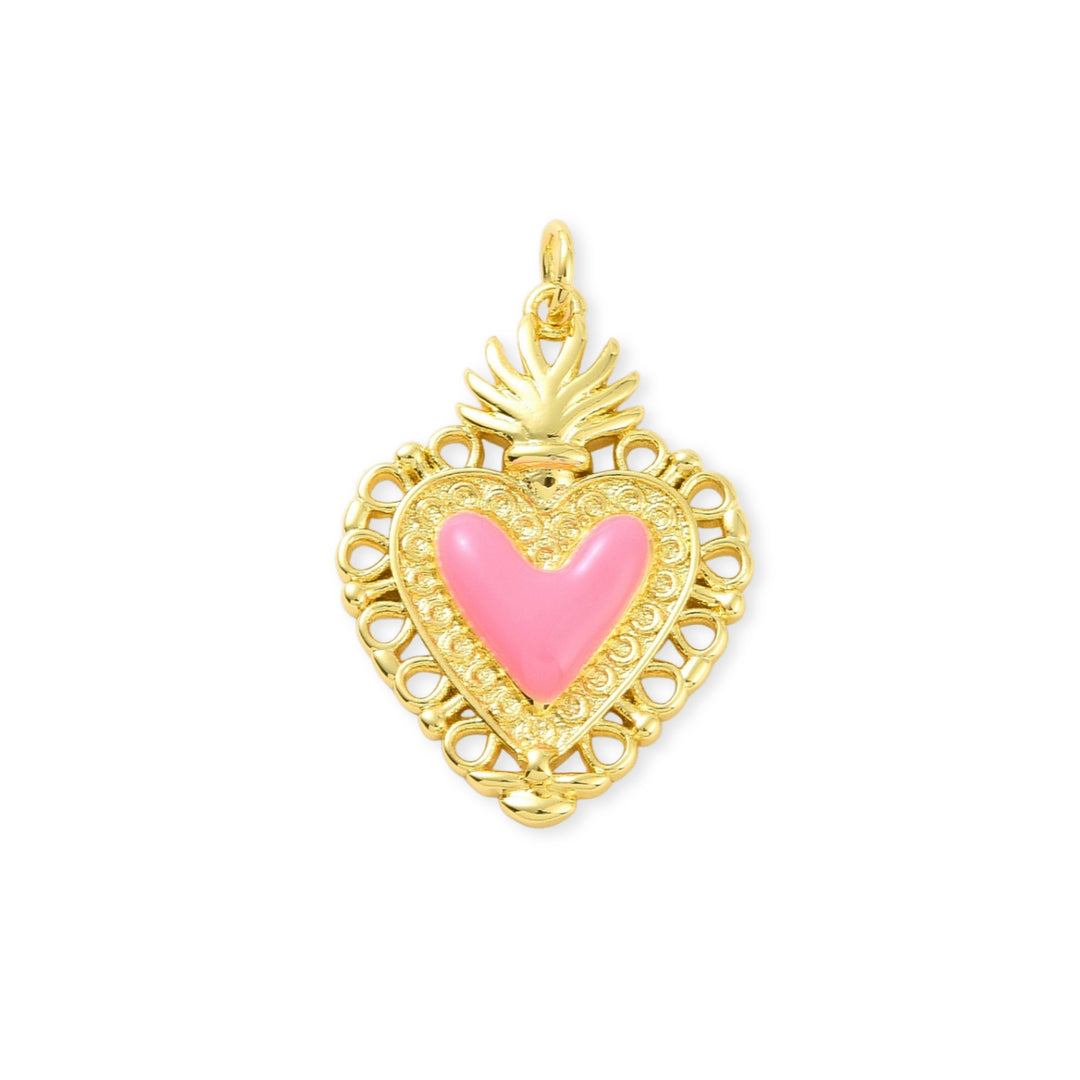 Dije de corazón de chapa de oro cubierto con esmalte color rosa
