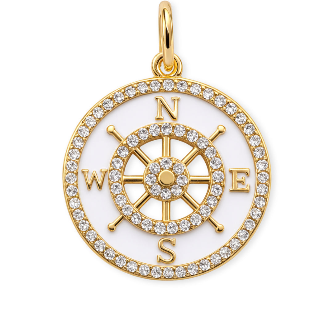 Dije circular de brújula de chapa de oro con zirconia y esmalte