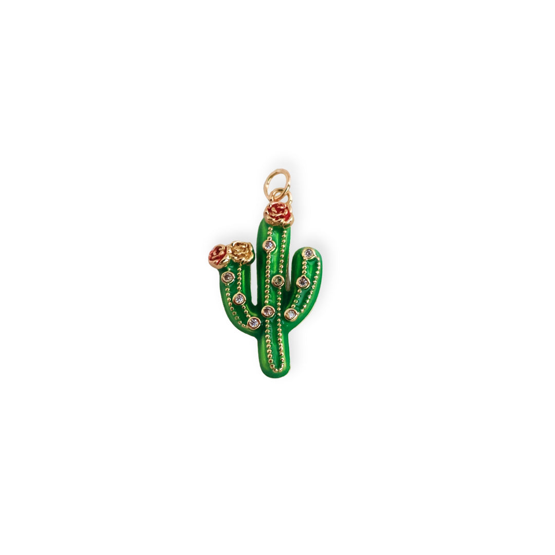 Dije en forma de cactus verde con zirconia de chapa de oro esmaltado