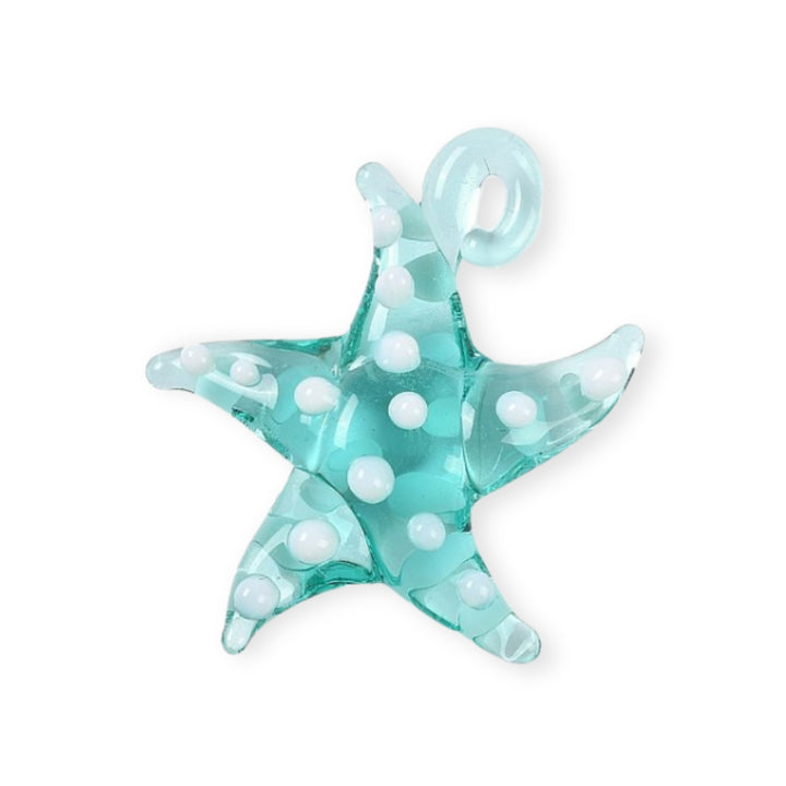 Dije de murano en forma de estrella de mar color turquesa con puntos blancos
