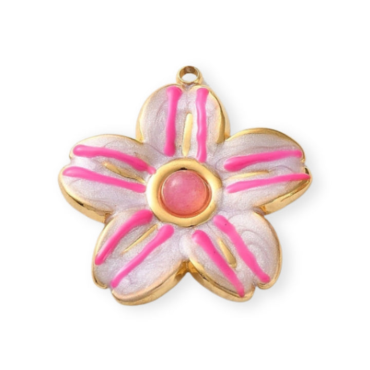 Dije en forma de flor de acero inoxidable con esmalte rosa