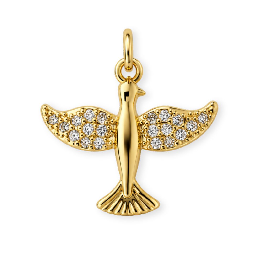 Dije en forma de ave de chapa de oro con zirconia