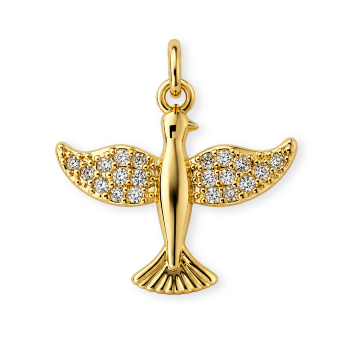 Dije en forma de ave de chapa de oro con zirconia