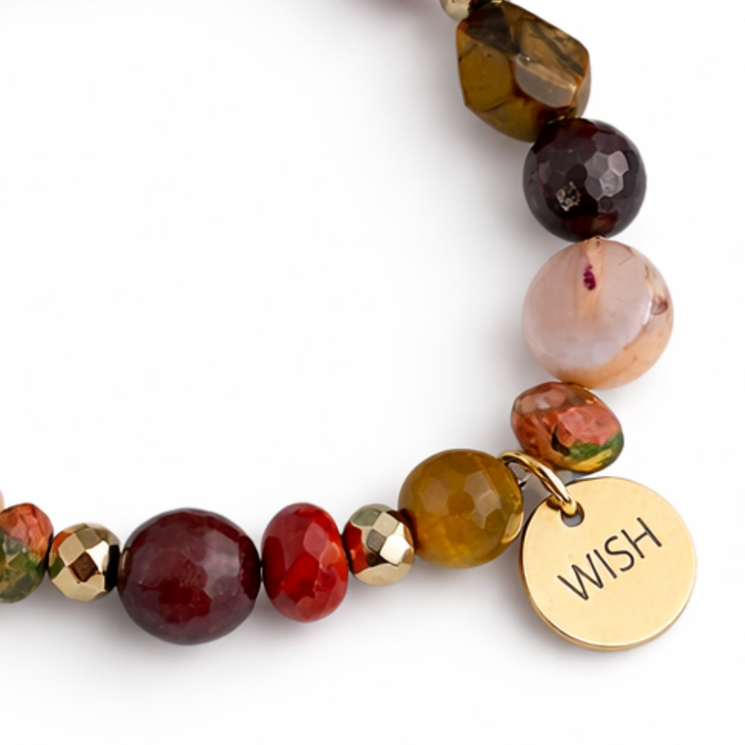 Brazalete elástico con piedras naturales, hematita y dije Wish de acero inoxidable