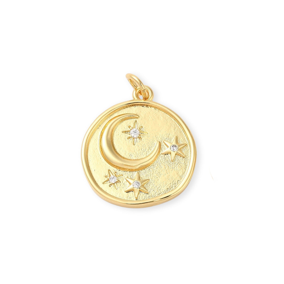 Dije circular de luna y estrellas de chapa de oro con zirconia