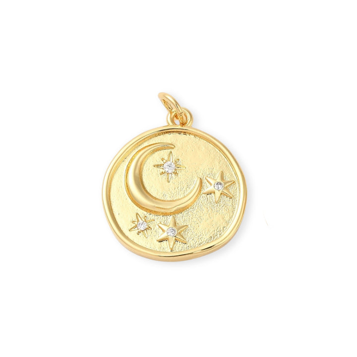Dije circular de luna y estrellas de chapa de oro con zirconia