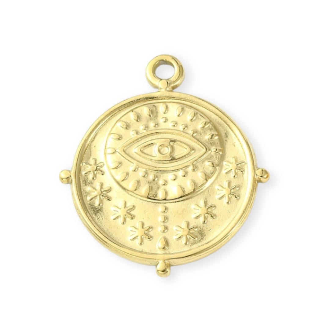 Dije circular de ojo de acero inoxidable con detalles de estrellas