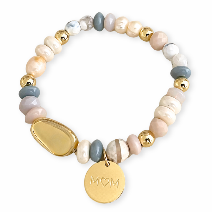 Brazalete para mamá con perla de río, madre perla, piedras naturales y placa Mom de acero inoxidable