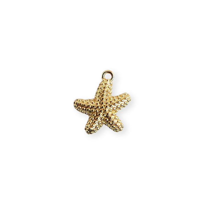 Dije de estrella de mar en chapa de oro con textura de puntos sobre fondo blanco