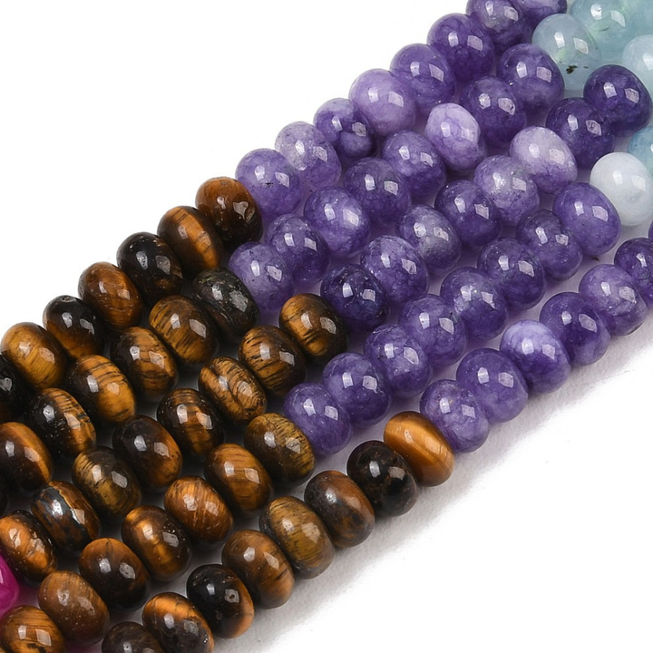 Tira de jade, ojo de tigre, fluorita y turquesa sintética en corte rondel de 6 mm