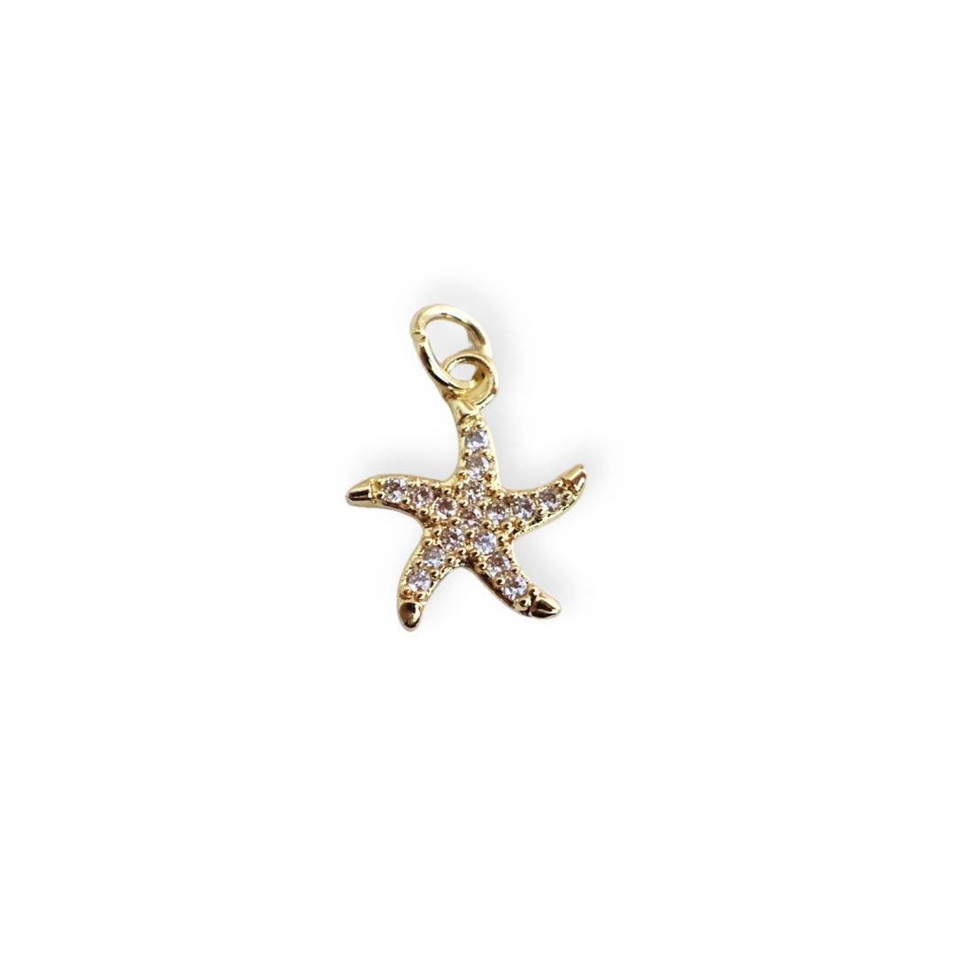 Dije de estrella de mar en chapa de oro con zirconias alrededor sobre fondo blanco