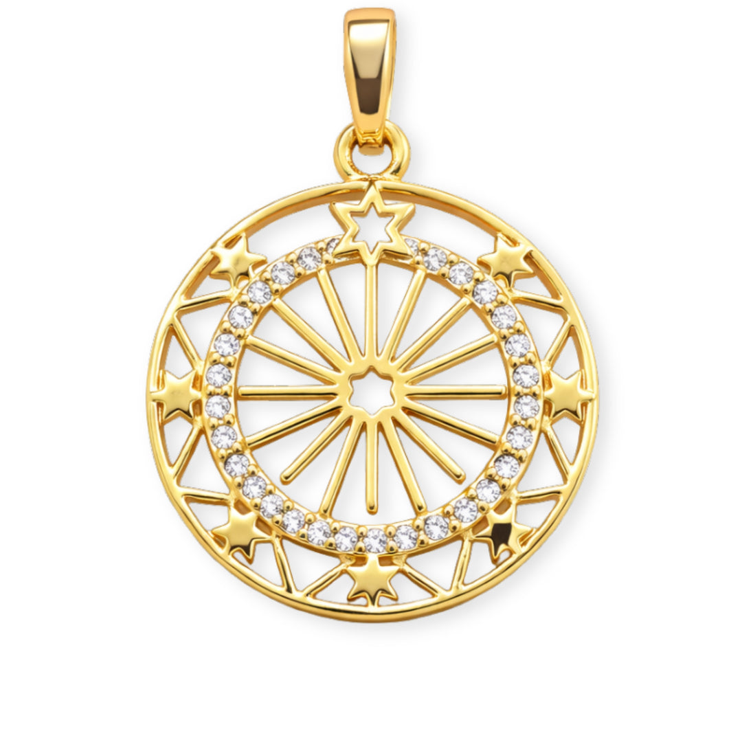 Dije circular de sol de chapa de oro con zirconia