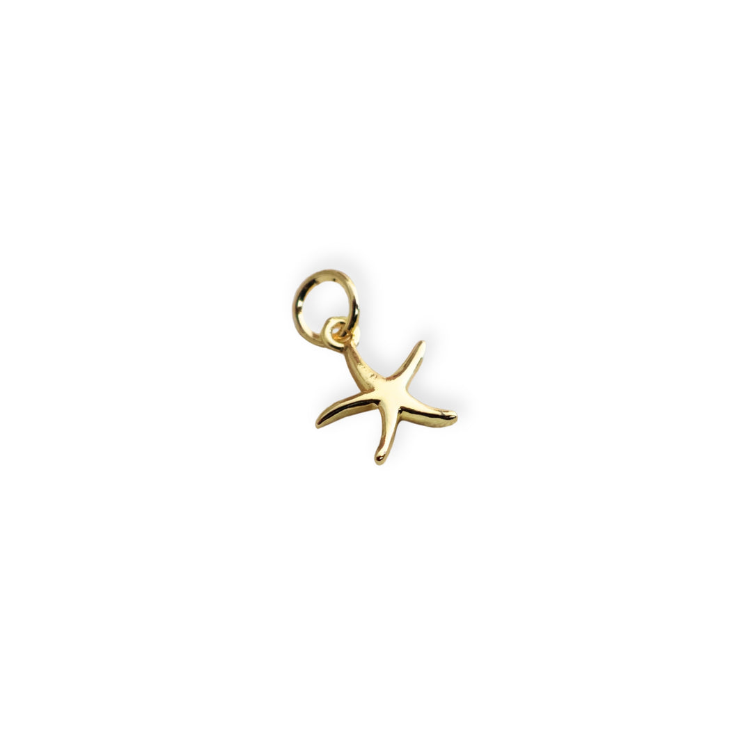 Dije pequeño de estrella de mar en chapa de oro sobre fondo blanco