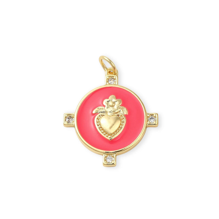 Dije circular de corazón de chapa de oro cubierto con esmalte