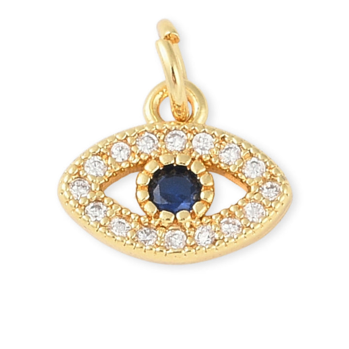Dije dorado en forma de ojo con zirconias y centro azul oscuro