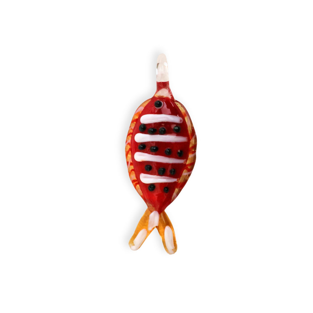 Dije grande de murano en forma de pez rojo con puntos negros y rayas blancas