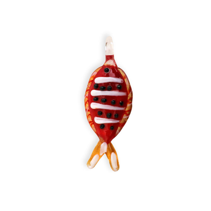 Dije grande de murano en forma de pez rojo con puntos negros y rayas blancas