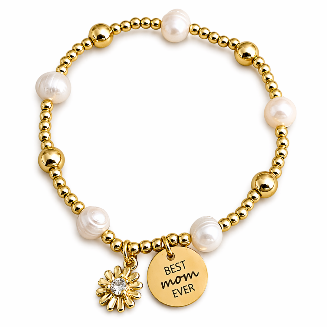 Brazalete para mamá con perla de río, flor con zirconia y dije Best Mom Ever de acero inoxidable