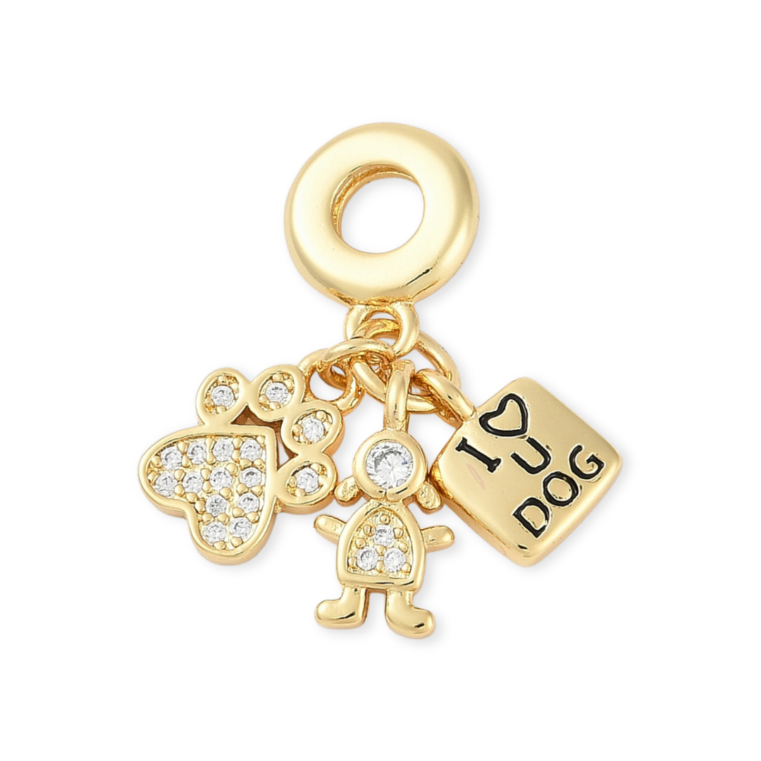 Dije multicharm I Love You Dog de chapa de oro con zirconia