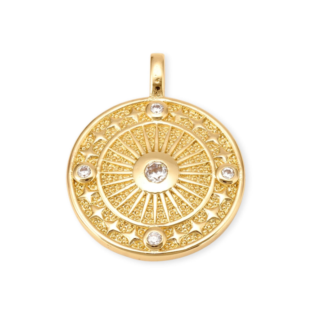 Dije circular de sol de chapa de oro con zirconia