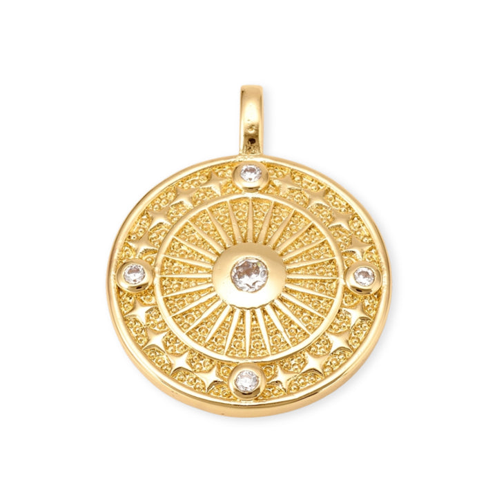 Dije circular de sol de chapa de oro con zirconia