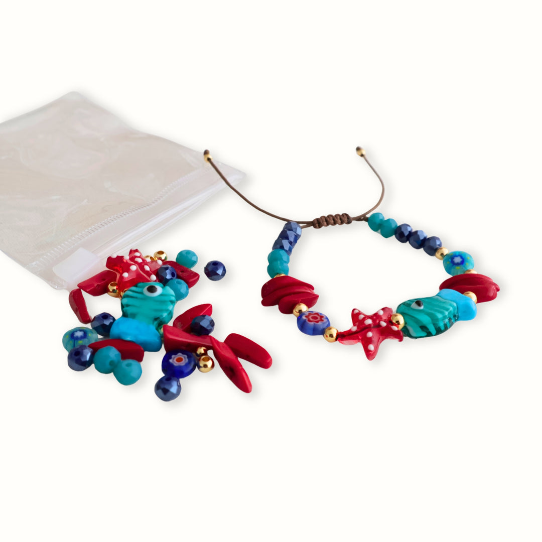 Kit Muranea con hilo café y cuentas de murano, coral y cristales