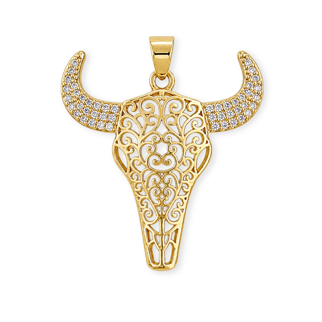 Dije de cabeza de toro de chapa de oro con zirconia en los cuernos