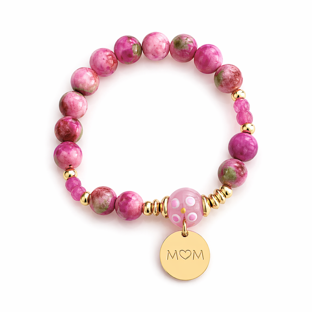 Brazalete para mamá con murano, jade, separadores de chapa de oro y dije MOM de acero inoxidable