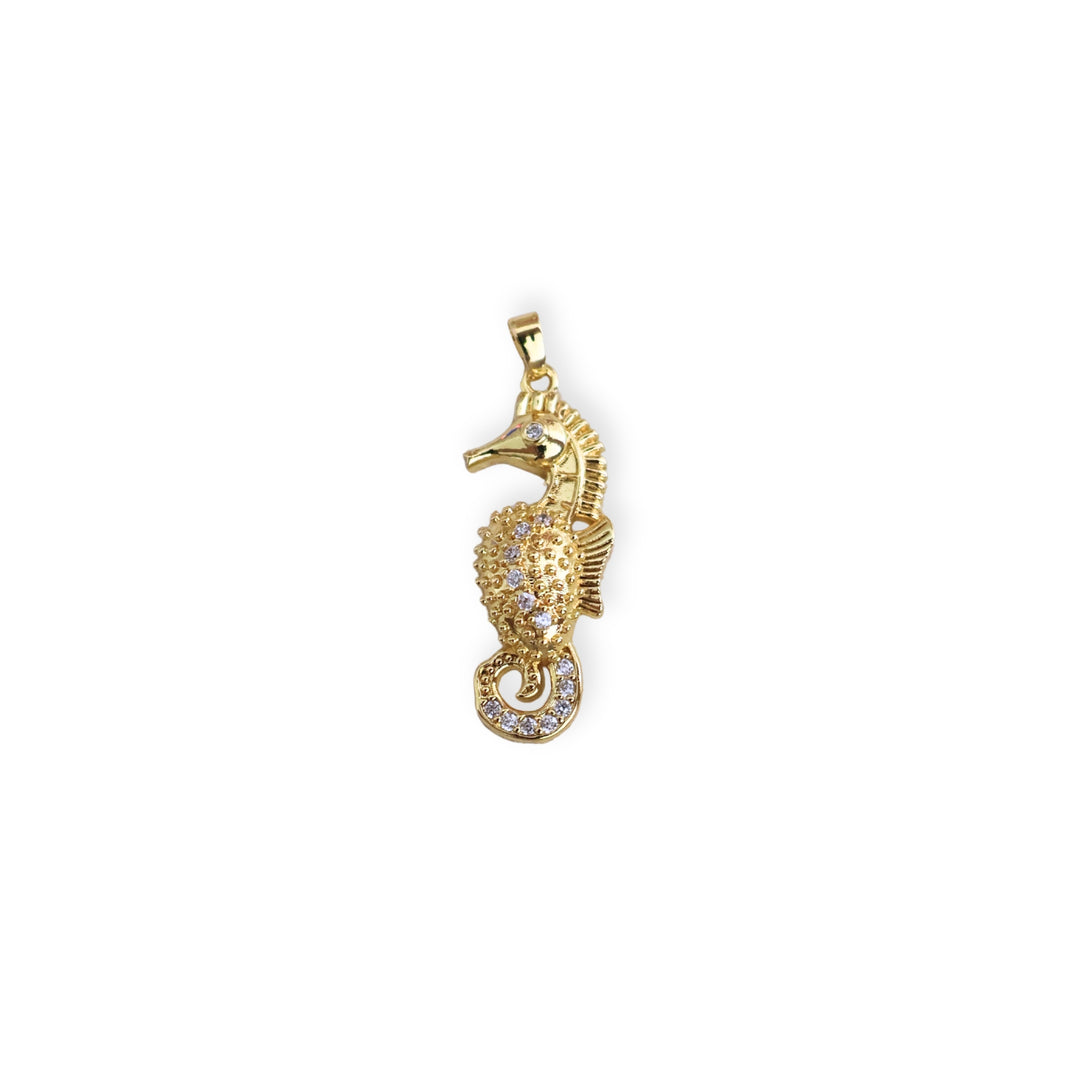 Dije en forma de caballito de mar de chapa de oro con zirconia