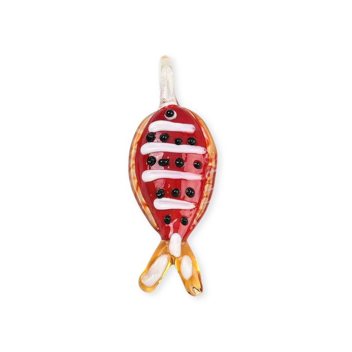 Dije grande de murano en forma de pez rojo con puntos negros y rayas blancas