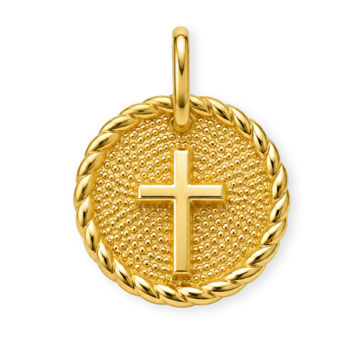 Dije circular de cruz de chapa de oro