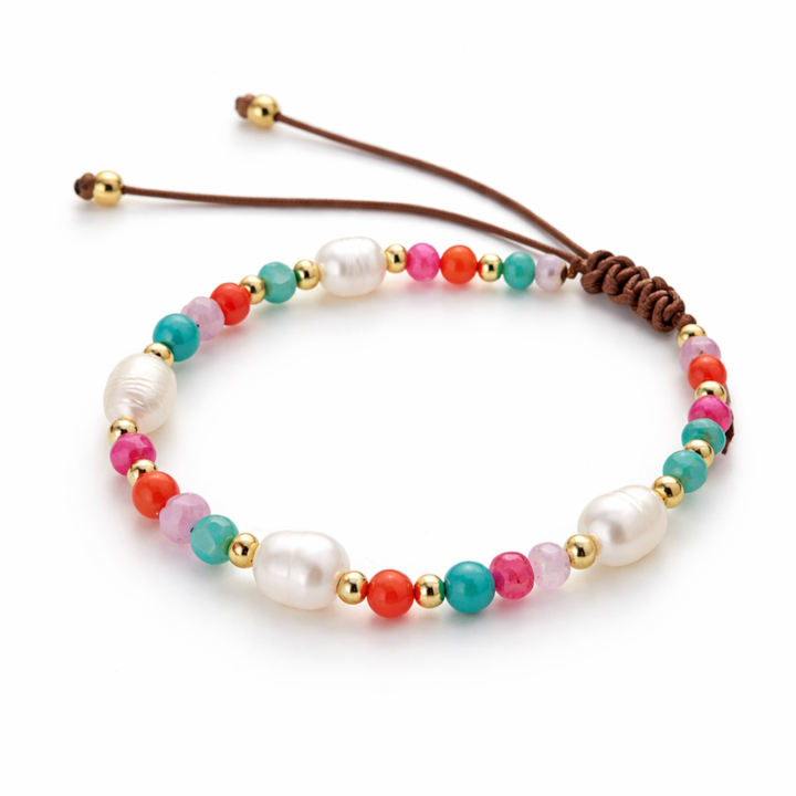Detalles de Brazalete tejido con jade, perla de río y separadores de chapa de oro