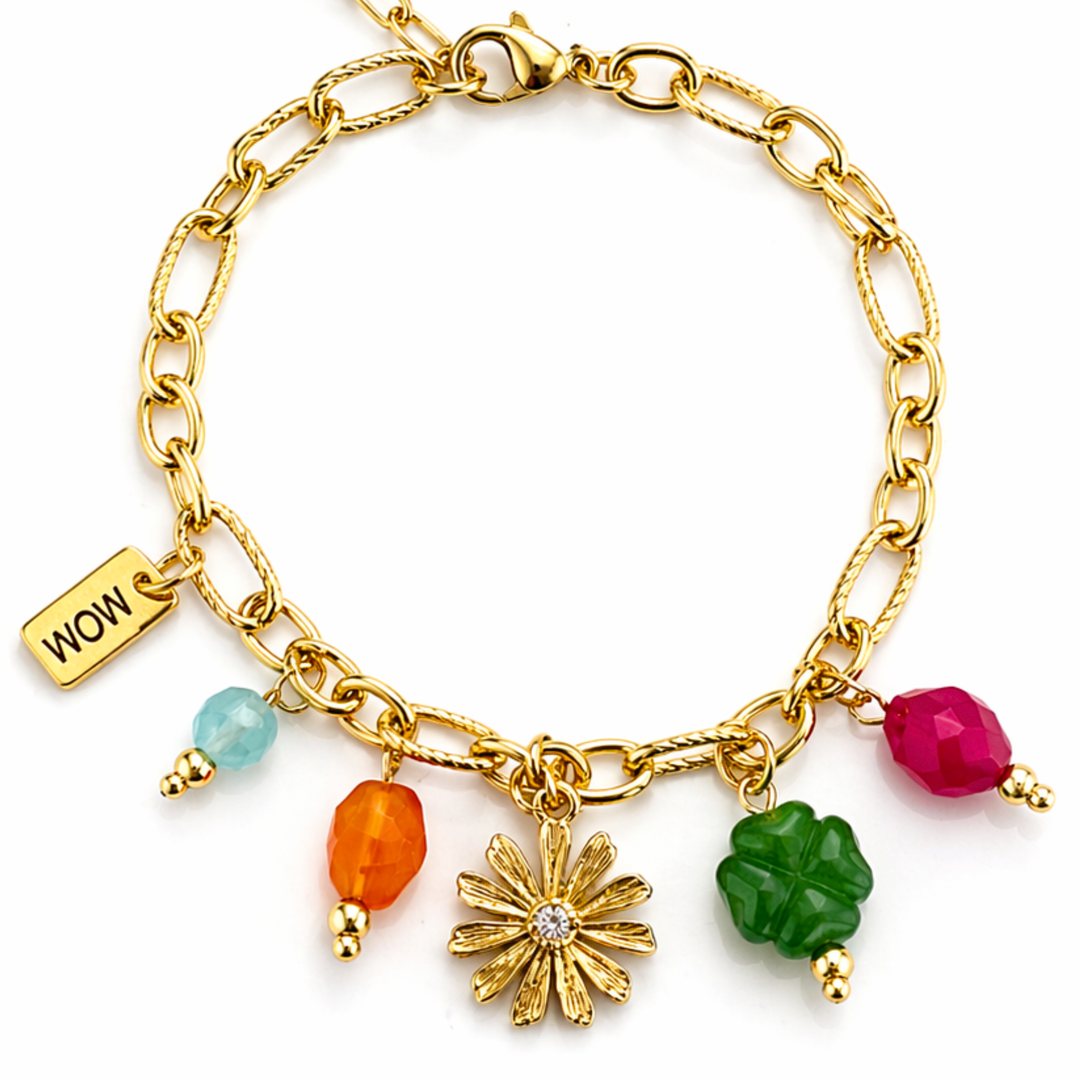 Brazalete de mamá con jade, ágata, flor con zirconia y dije MOM de acero inoxidable