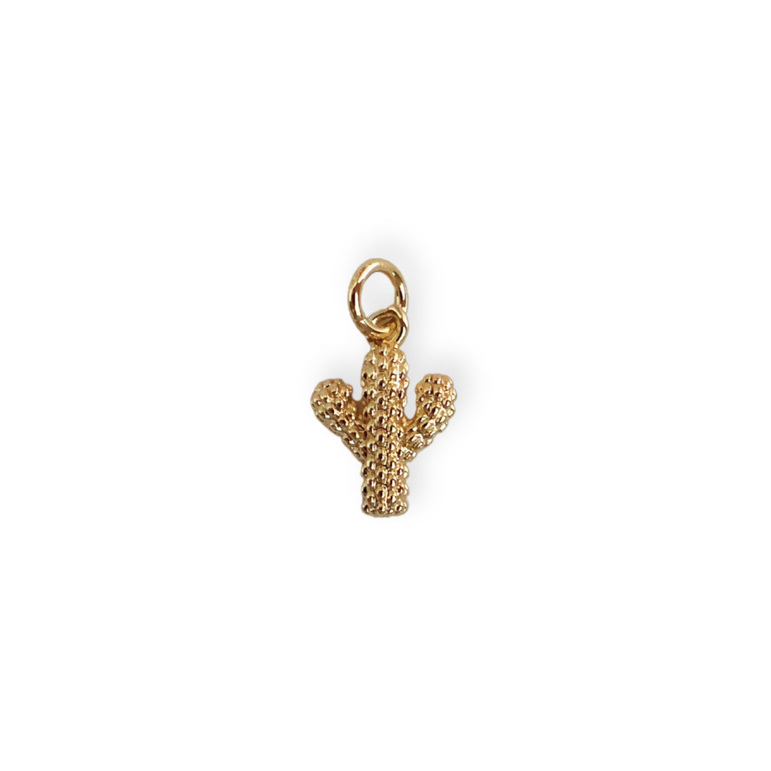 Dije en forma de cactus de chapa de oro sobre fondo neutro