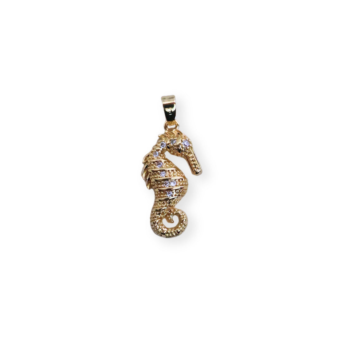 Dije caballito de mar dorado en chapa de oro con zirconia brillante