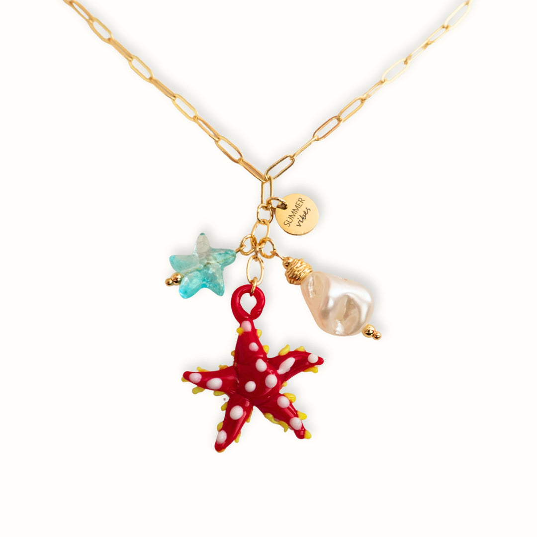 Collar Vireya con estrella de mar de vidrio murano y perla acrílica
