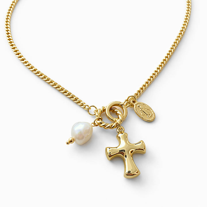 Collar religioso de chapa de oro con cruz, perla de río y Virgen Milagrosa