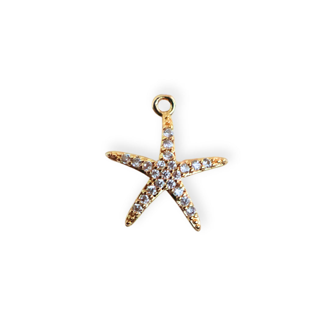 Dije estrella de mar en chapa de oro con zirconias alrededor sobre fondo blanco