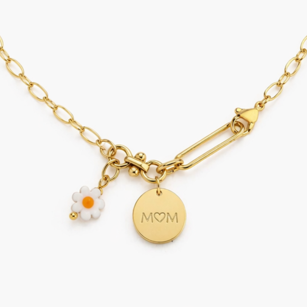 Collar para mamá con flor de resina y dije MOM de acero inoxidable