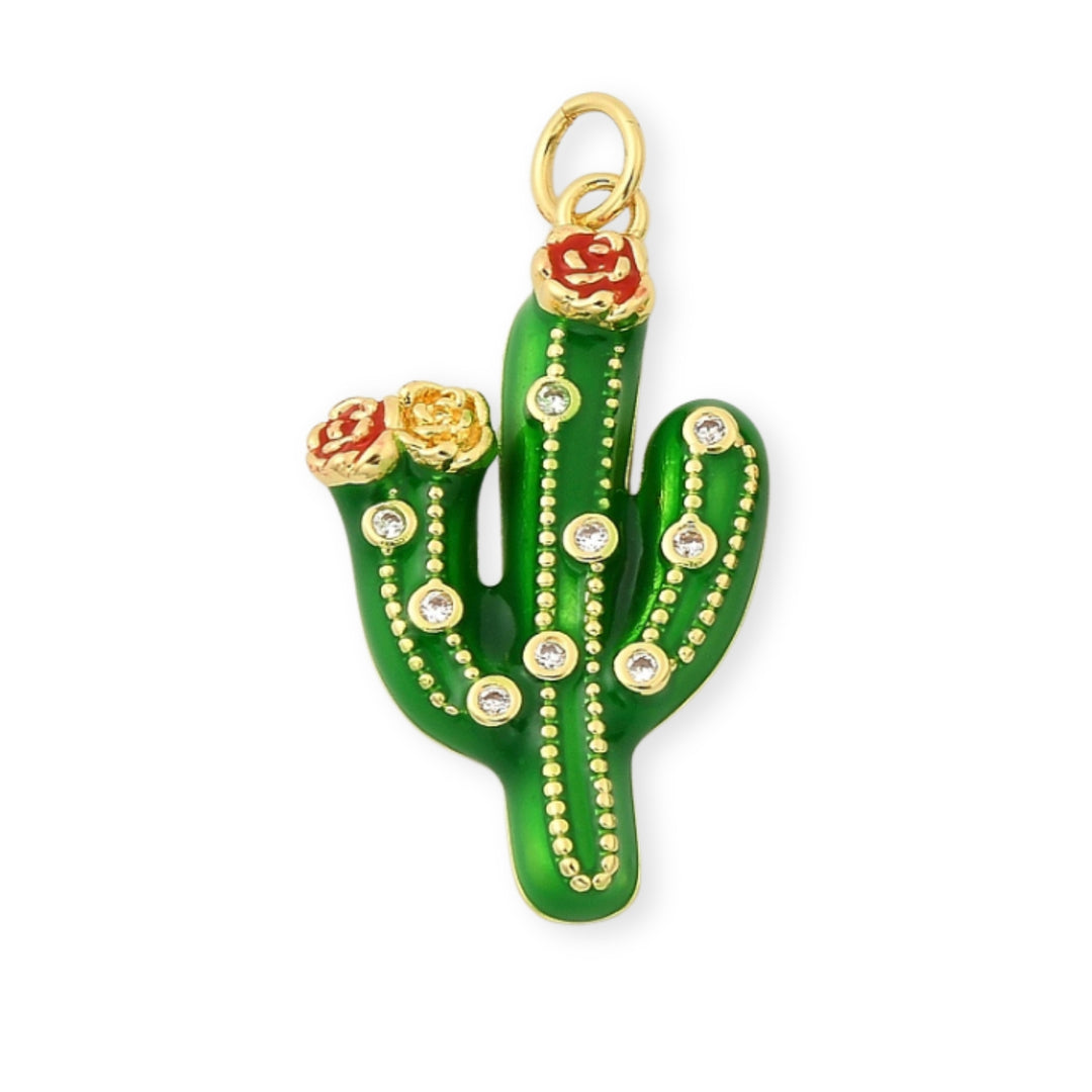 Dije en forma de cactus verde con zirconia de chapa de oro esmaltado