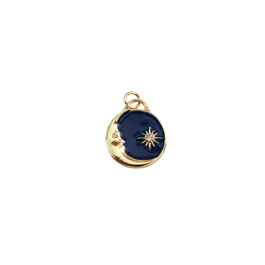 Dije circular con luna y estrella en esmalte azul y zirconia